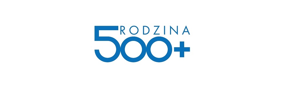Logo programu RODZINA 500+, niebieski napis na białym tle.